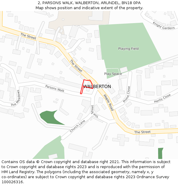 2, PARSONS WALK, WALBERTON, ARUNDEL, BN18 0PA: Location map and indicative extent of plot