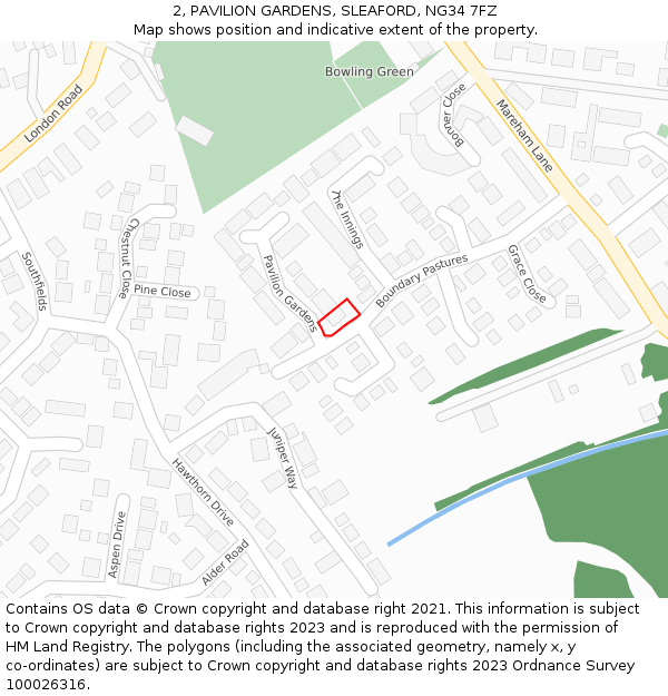 2, PAVILION GARDENS, SLEAFORD, NG34 7FZ: Location map and indicative extent of plot