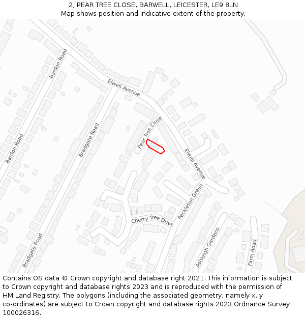 2, PEAR TREE CLOSE, BARWELL, LEICESTER, LE9 8LN: Location map and indicative extent of plot