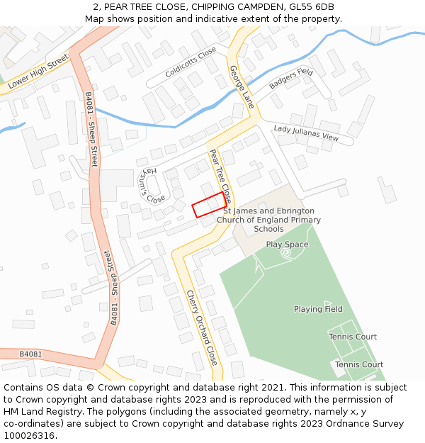 2, PEAR TREE CLOSE, CHIPPING CAMPDEN, GL55 6DB: Location map and indicative extent of plot