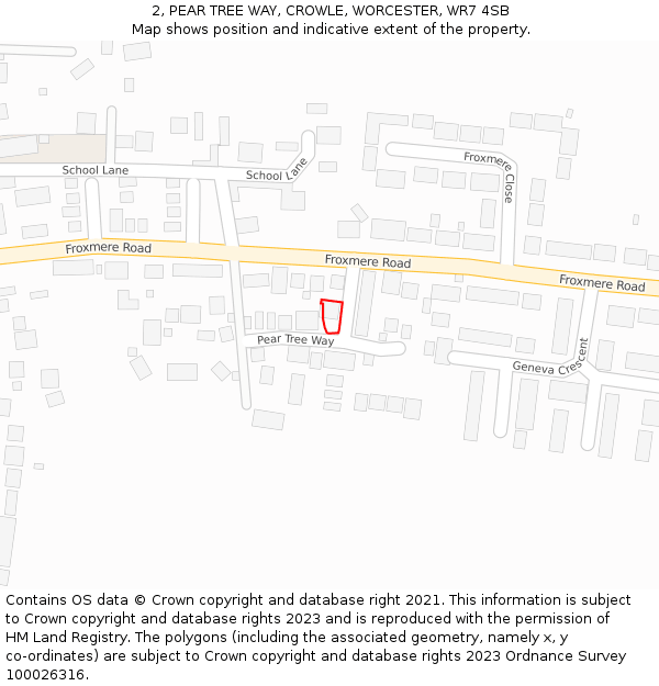 2, PEAR TREE WAY, CROWLE, WORCESTER, WR7 4SB: Location map and indicative extent of plot