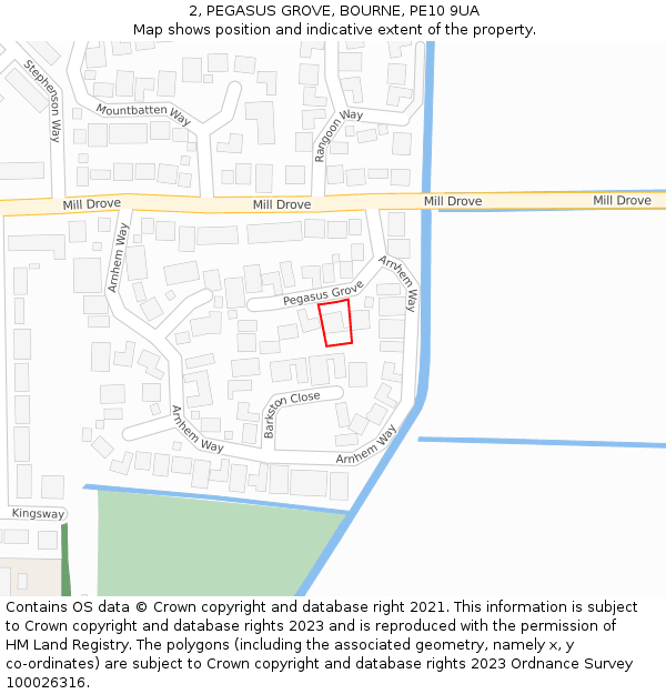 2, PEGASUS GROVE, BOURNE, PE10 9UA: Location map and indicative extent of plot