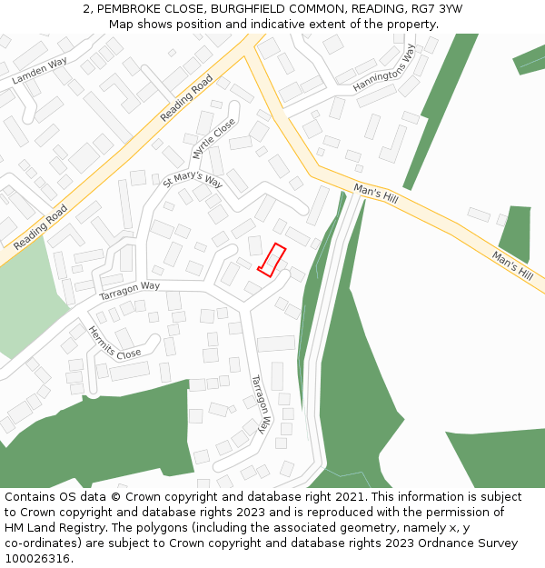 2, PEMBROKE CLOSE, BURGHFIELD COMMON, READING, RG7 3YW: Location map and indicative extent of plot