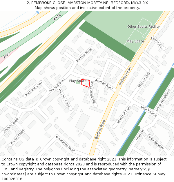 2, PEMBROKE CLOSE, MARSTON MORETAINE, BEDFORD, MK43 0JX: Location map and indicative extent of plot