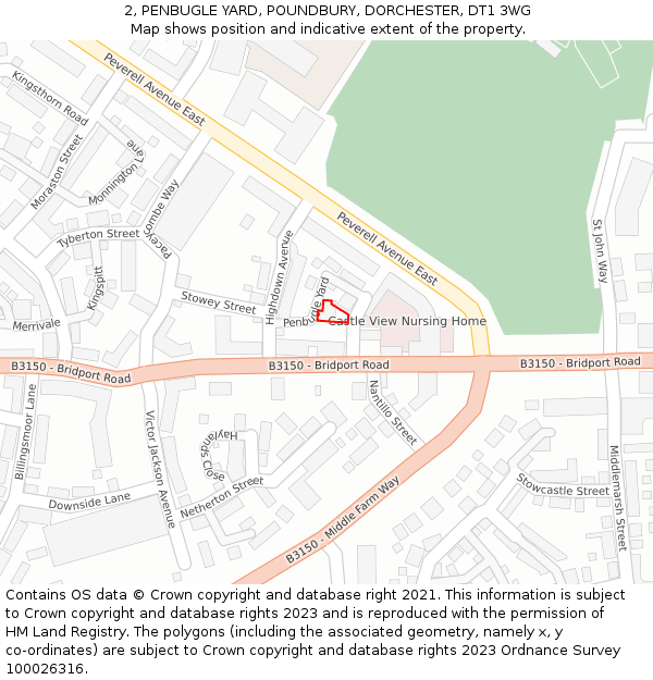 2, PENBUGLE YARD, POUNDBURY, DORCHESTER, DT1 3WG: Location map and indicative extent of plot