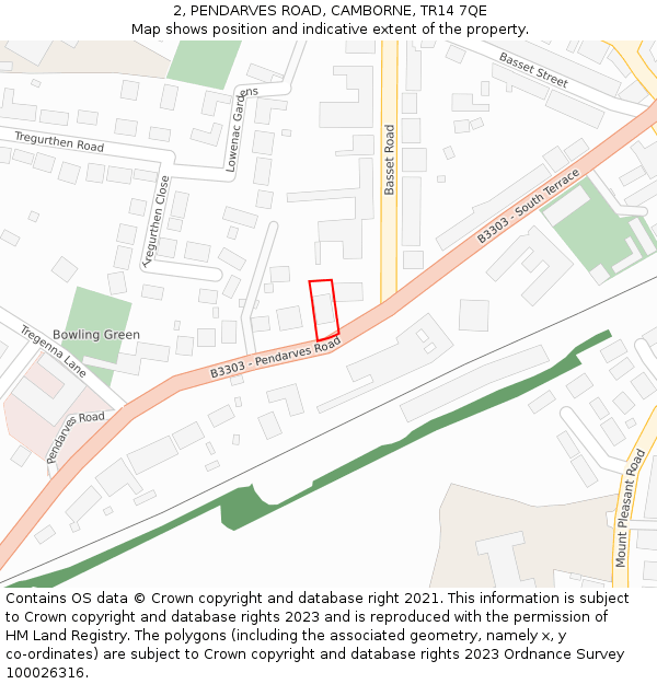 2, PENDARVES ROAD, CAMBORNE, TR14 7QE: Location map and indicative extent of plot