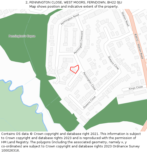 2, PENNINGTON CLOSE, WEST MOORS, FERNDOWN, BH22 0JU: Location map and indicative extent of plot