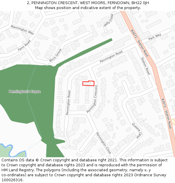 2, PENNINGTON CRESCENT, WEST MOORS, FERNDOWN, BH22 0JH: Location map and indicative extent of plot