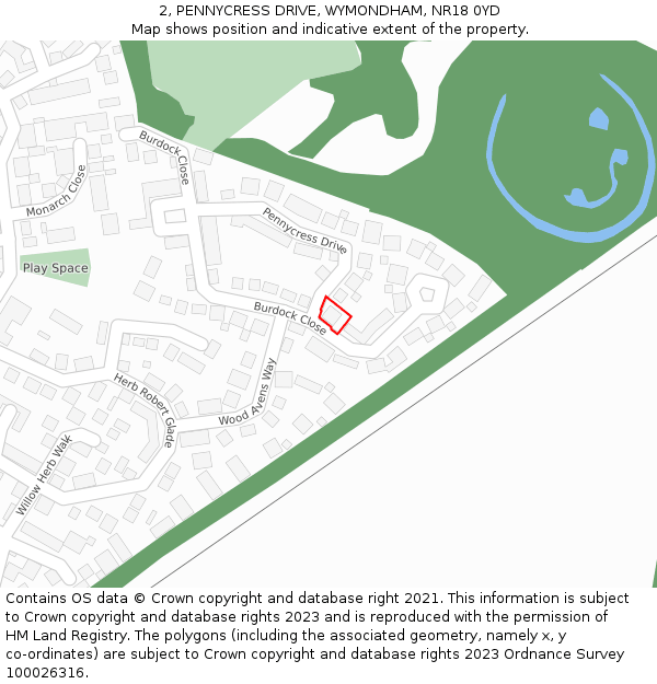 2, PENNYCRESS DRIVE, WYMONDHAM, NR18 0YD: Location map and indicative extent of plot
