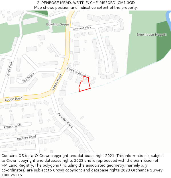 2, PENROSE MEAD, WRITTLE, CHELMSFORD, CM1 3GD: Location map and indicative extent of plot