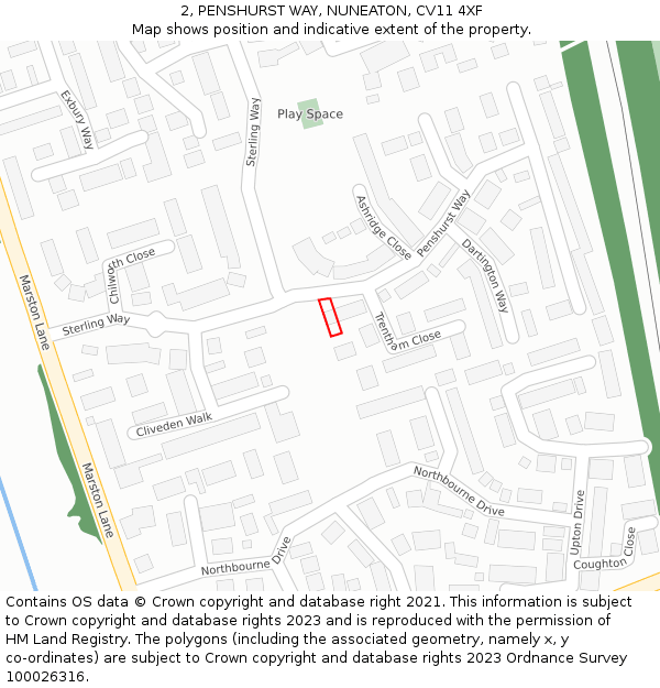 2, PENSHURST WAY, NUNEATON, CV11 4XF: Location map and indicative extent of plot