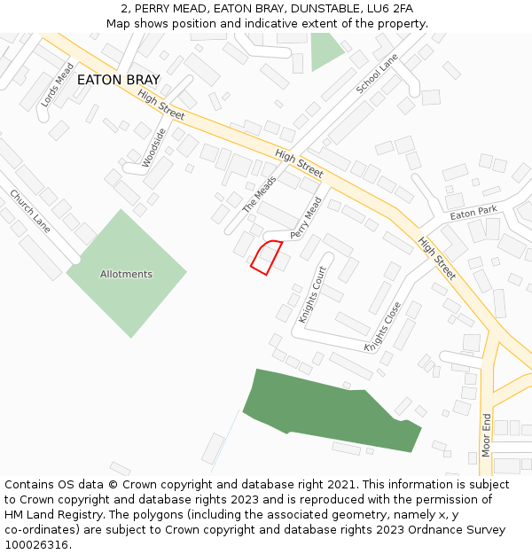 2, PERRY MEAD, EATON BRAY, DUNSTABLE, LU6 2FA: Location map and indicative extent of plot