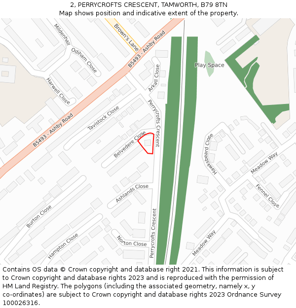 2, PERRYCROFTS CRESCENT, TAMWORTH, B79 8TN: Location map and indicative extent of plot