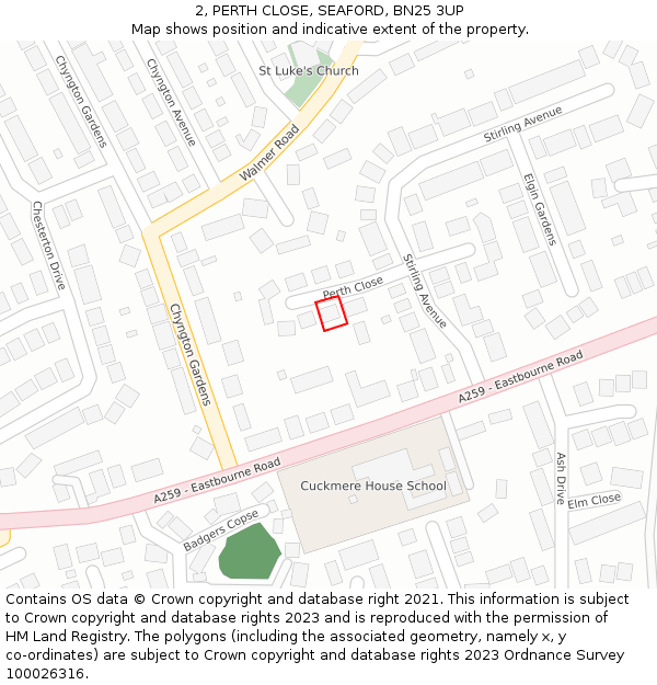 2, PERTH CLOSE, SEAFORD, BN25 3UP: Location map and indicative extent of plot