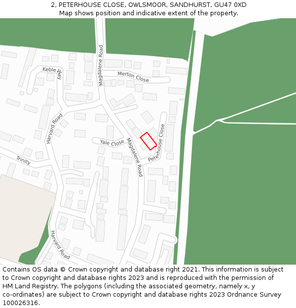 2, PETERHOUSE CLOSE, OWLSMOOR, SANDHURST, GU47 0XD: Location map and indicative extent of plot