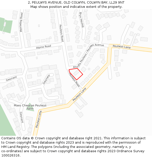 2, PEULWYS AVENUE, OLD COLWYN, COLWYN BAY, LL29 9NT: Location map and indicative extent of plot