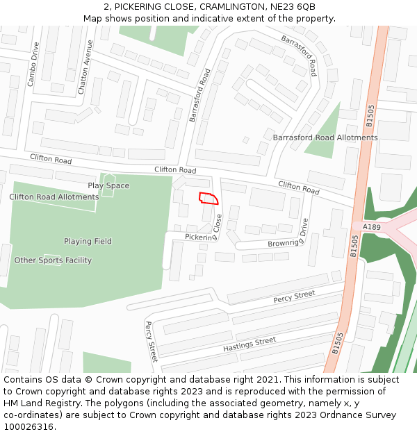 2, PICKERING CLOSE, CRAMLINGTON, NE23 6QB: Location map and indicative extent of plot