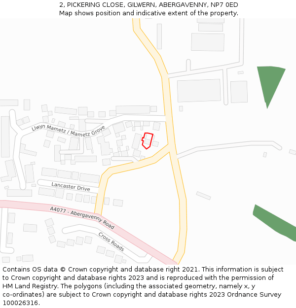 2, PICKERING CLOSE, GILWERN, ABERGAVENNY, NP7 0ED: Location map and indicative extent of plot