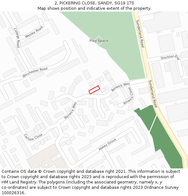 2, PICKERING CLOSE, SANDY, SG19 1TS: Location map and indicative extent of plot