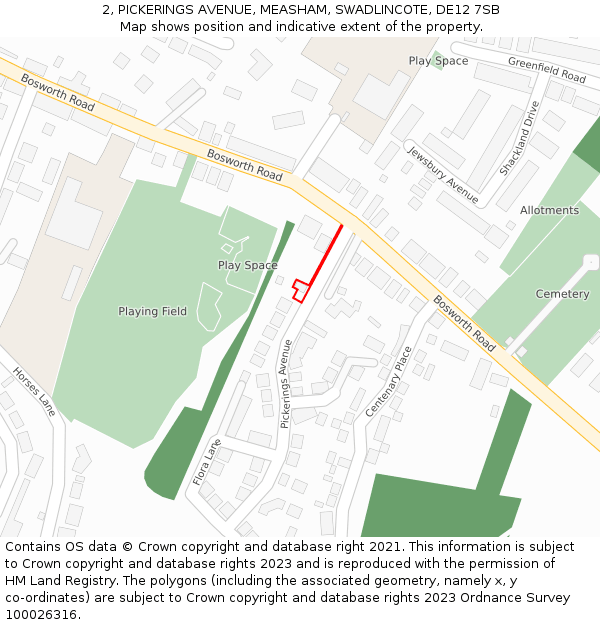 2, PICKERINGS AVENUE, MEASHAM, SWADLINCOTE, DE12 7SB: Location map and indicative extent of plot