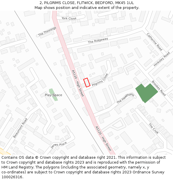 2, PILGRIMS CLOSE, FLITWICK, BEDFORD, MK45 1UL: Location map and indicative extent of plot