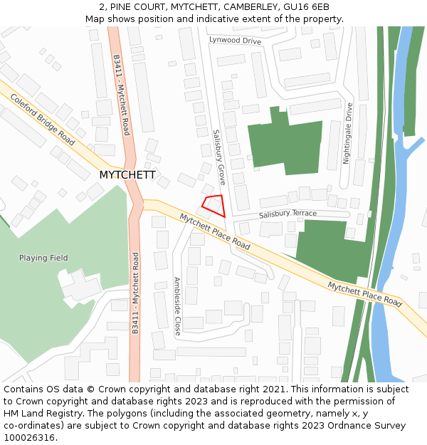 2, PINE COURT, MYTCHETT, CAMBERLEY, GU16 6EB: Location map and indicative extent of plot