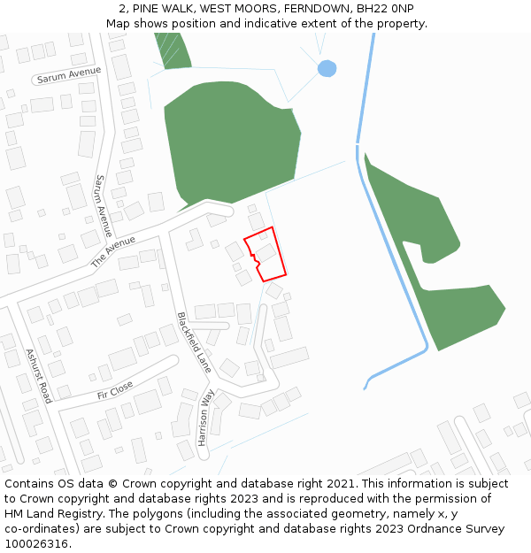 2, PINE WALK, WEST MOORS, FERNDOWN, BH22 0NP: Location map and indicative extent of plot