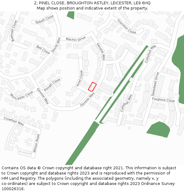 2, PINEL CLOSE, BROUGHTON ASTLEY, LEICESTER, LE9 6HQ: Location map and indicative extent of plot