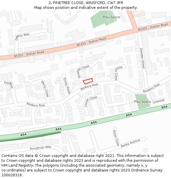 2, PINETREE CLOSE, WINSFORD, CW7 3FR: Location map and indicative extent of plot