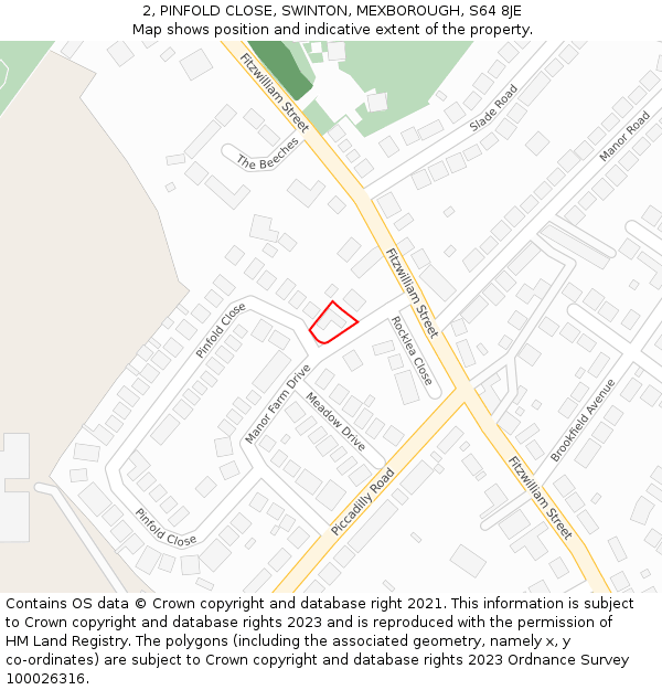 2, PINFOLD CLOSE, SWINTON, MEXBOROUGH, S64 8JE: Location map and indicative extent of plot