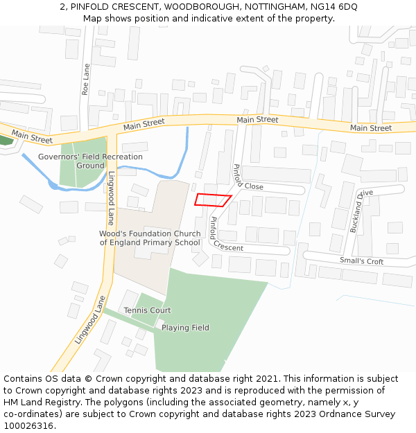 2, PINFOLD CRESCENT, WOODBOROUGH, NOTTINGHAM, NG14 6DQ: Location map and indicative extent of plot