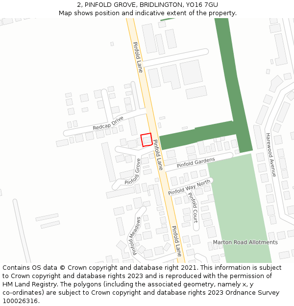 2, PINFOLD GROVE, BRIDLINGTON, YO16 7GU: Location map and indicative extent of plot