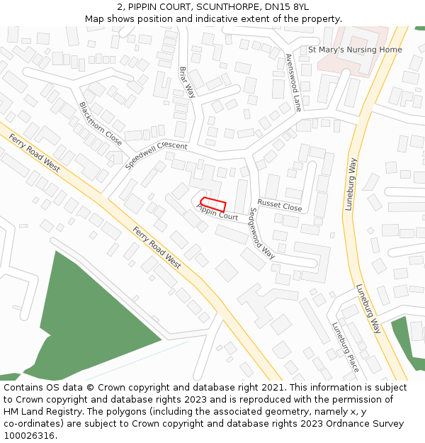 2, PIPPIN COURT, SCUNTHORPE, DN15 8YL: Location map and indicative extent of plot