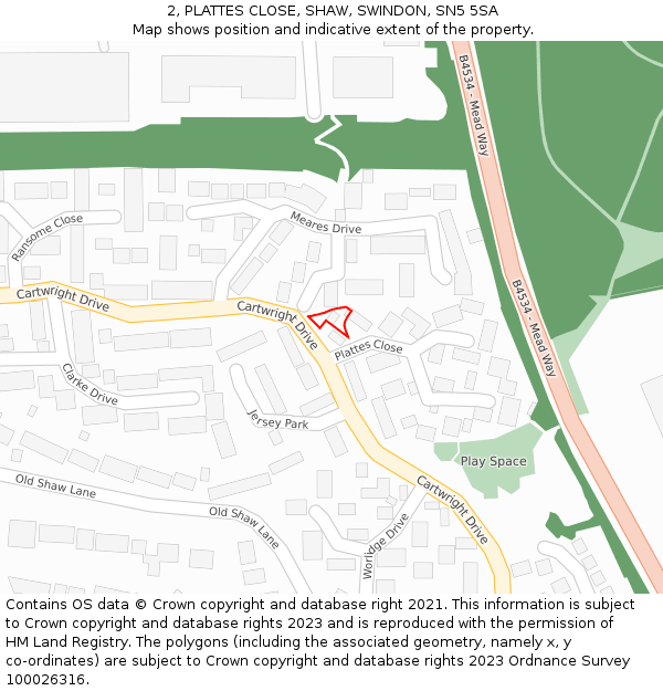 2, PLATTES CLOSE, SHAW, SWINDON, SN5 5SA: Location map and indicative extent of plot