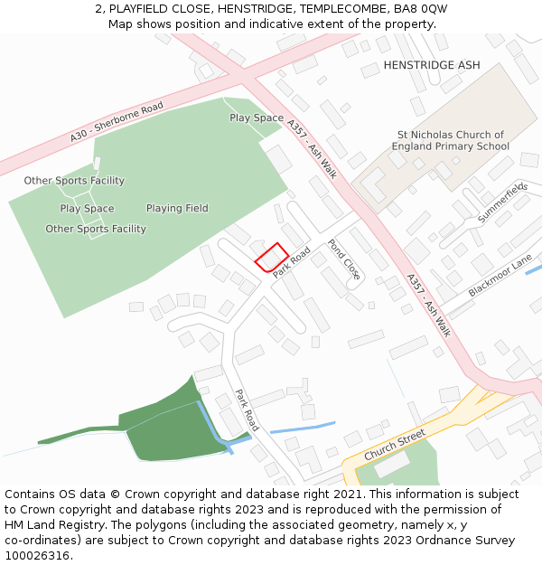 2, PLAYFIELD CLOSE, HENSTRIDGE, TEMPLECOMBE, BA8 0QW: Location map and indicative extent of plot