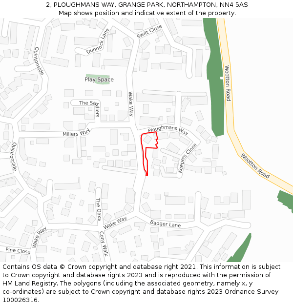 2, PLOUGHMANS WAY, GRANGE PARK, NORTHAMPTON, NN4 5AS: Location map and indicative extent of plot