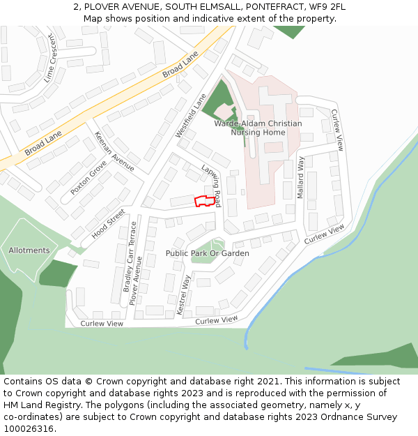 2, PLOVER AVENUE, SOUTH ELMSALL, PONTEFRACT, WF9 2FL: Location map and indicative extent of plot