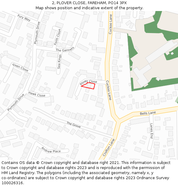 2, PLOVER CLOSE, FAREHAM, PO14 3PX: Location map and indicative extent of plot