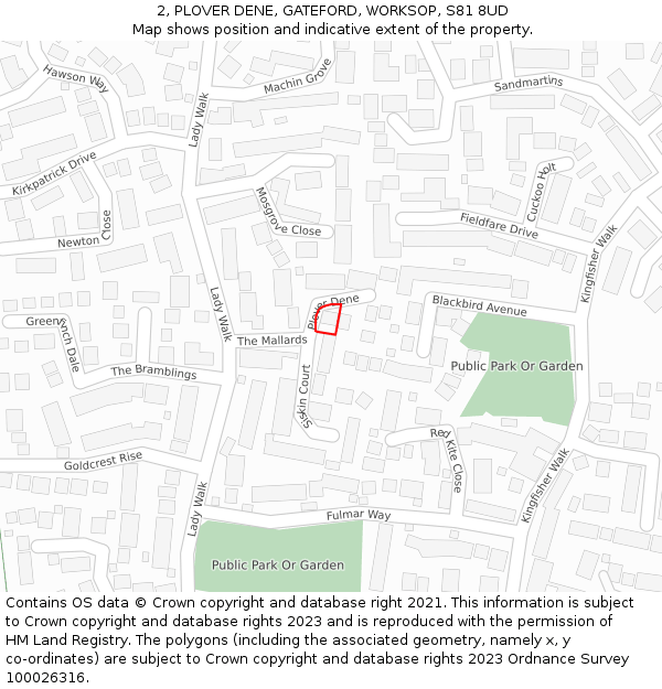 2, PLOVER DENE, GATEFORD, WORKSOP, S81 8UD: Location map and indicative extent of plot