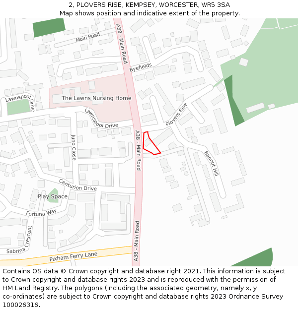 2, PLOVERS RISE, KEMPSEY, WORCESTER, WR5 3SA: Location map and indicative extent of plot