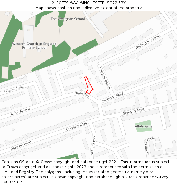 2, POETS WAY, WINCHESTER, SO22 5BX: Location map and indicative extent of plot