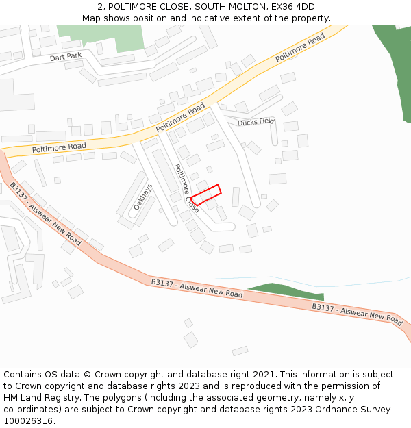 2, POLTIMORE CLOSE, SOUTH MOLTON, EX36 4DD: Location map and indicative extent of plot