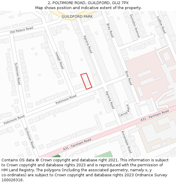 2, POLTIMORE ROAD, GUILDFORD, GU2 7PX: Location map and indicative extent of plot