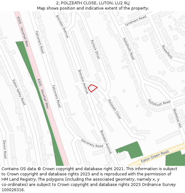 2, POLZEATH CLOSE, LUTON, LU2 9LJ: Location map and indicative extent of plot