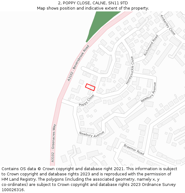 2, POPPY CLOSE, CALNE, SN11 9TD: Location map and indicative extent of plot