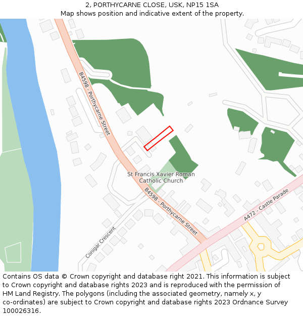 2, PORTHYCARNE CLOSE, USK, NP15 1SA: Location map and indicative extent of plot