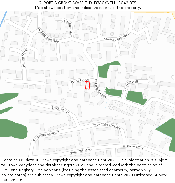 2, PORTIA GROVE, WARFIELD, BRACKNELL, RG42 3TS: Location map and indicative extent of plot
