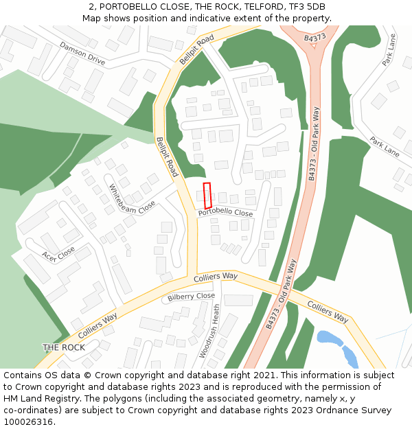 2, PORTOBELLO CLOSE, THE ROCK, TELFORD, TF3 5DB: Location map and indicative extent of plot