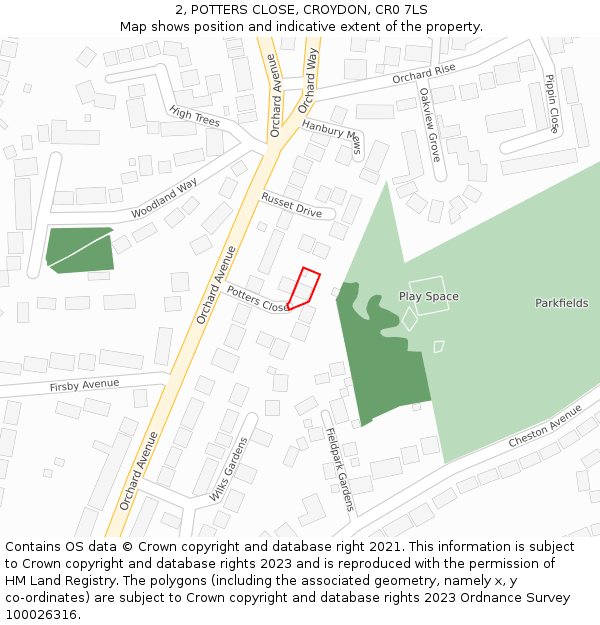 2, POTTERS CLOSE, CROYDON, CR0 7LS: Location map and indicative extent of plot