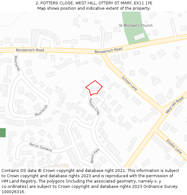 2, POTTERS CLOSE, WEST HILL, OTTERY ST MARY, EX11 1YE: Location map and indicative extent of plot